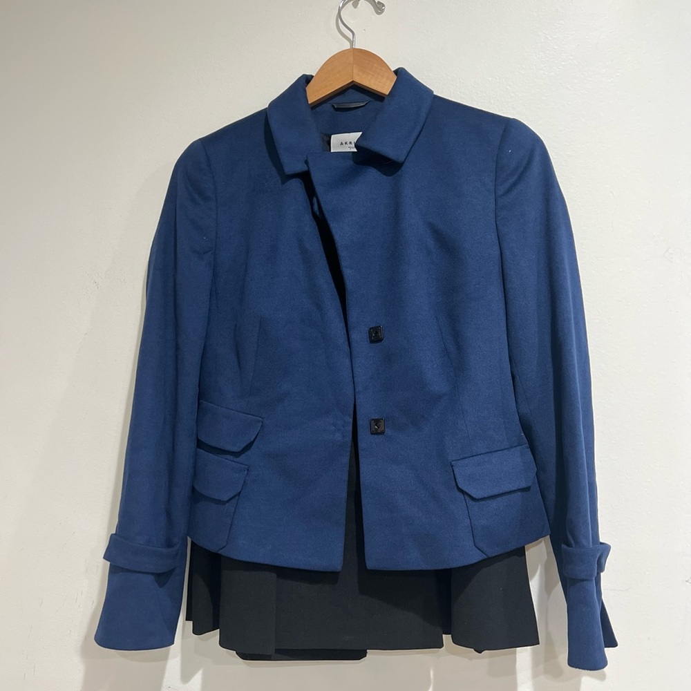 Akris Punto Navy Wool Blazer & Black Skirt Set | Fall Designer Workwear Suit